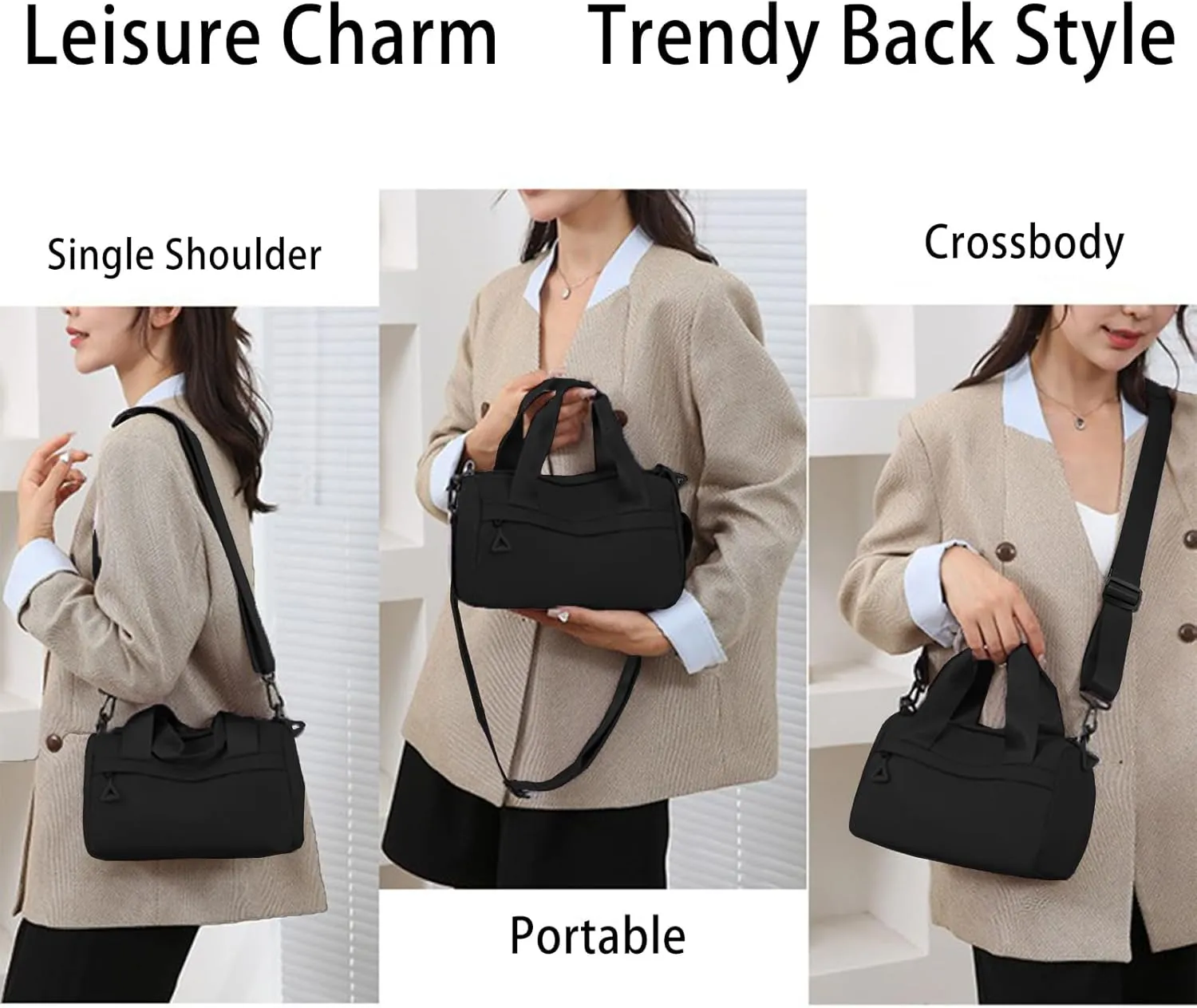 Mini Gym Bag, Small Adjustable Sling Totes for Women, Womens Duffle Handbag (Black)