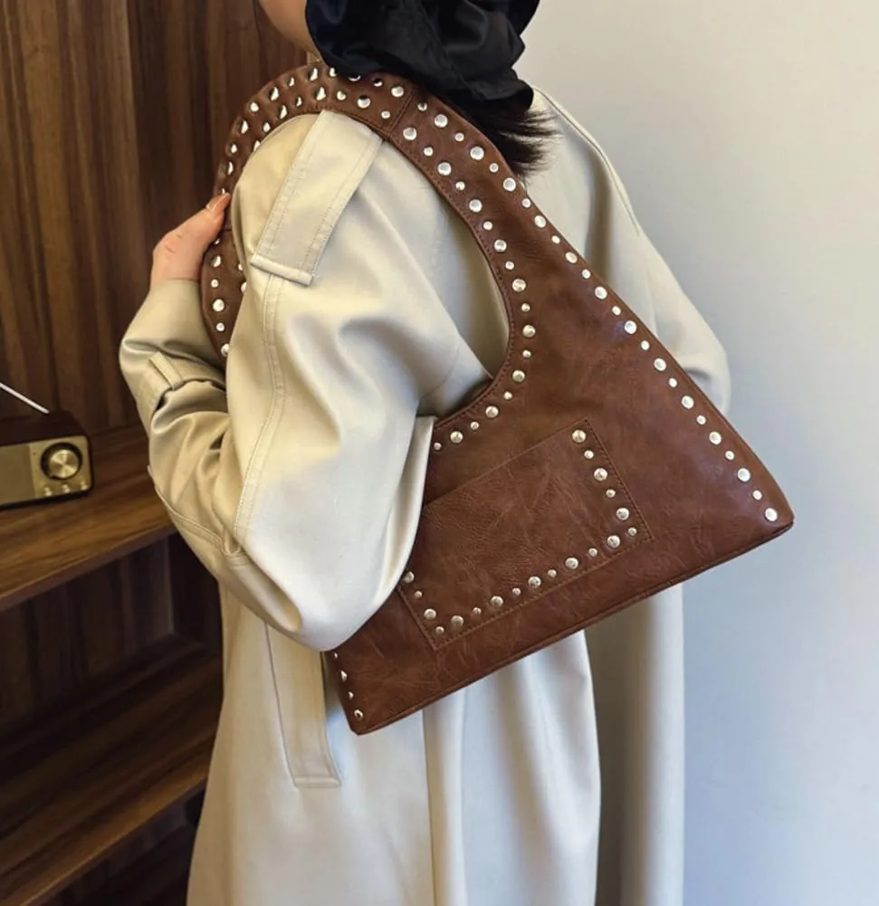 Molodo PU Leather Hobo Bag for Women Vintage Studded Tote Bag Handbag Trendy Shoulder Bag Punk Streetwear Handbag Purse