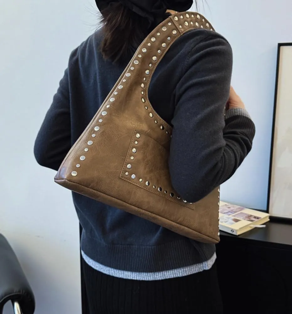 Molodo PU Leather Hobo Bag for Women Vintage Studded Tote Bag Handbag Trendy Shoulder Bag Punk Streetwear Handbag Purse