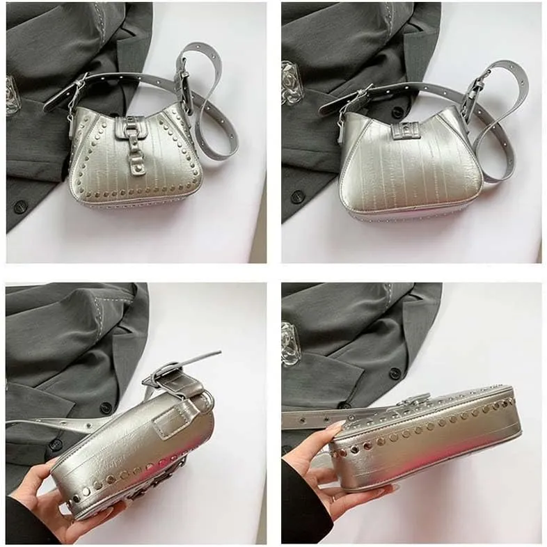 Molodo Trendy Rivet Shoulder Bag for Women PU Leather Studded Crossbody Bag Tote Handbag Punk Handbag Purse
