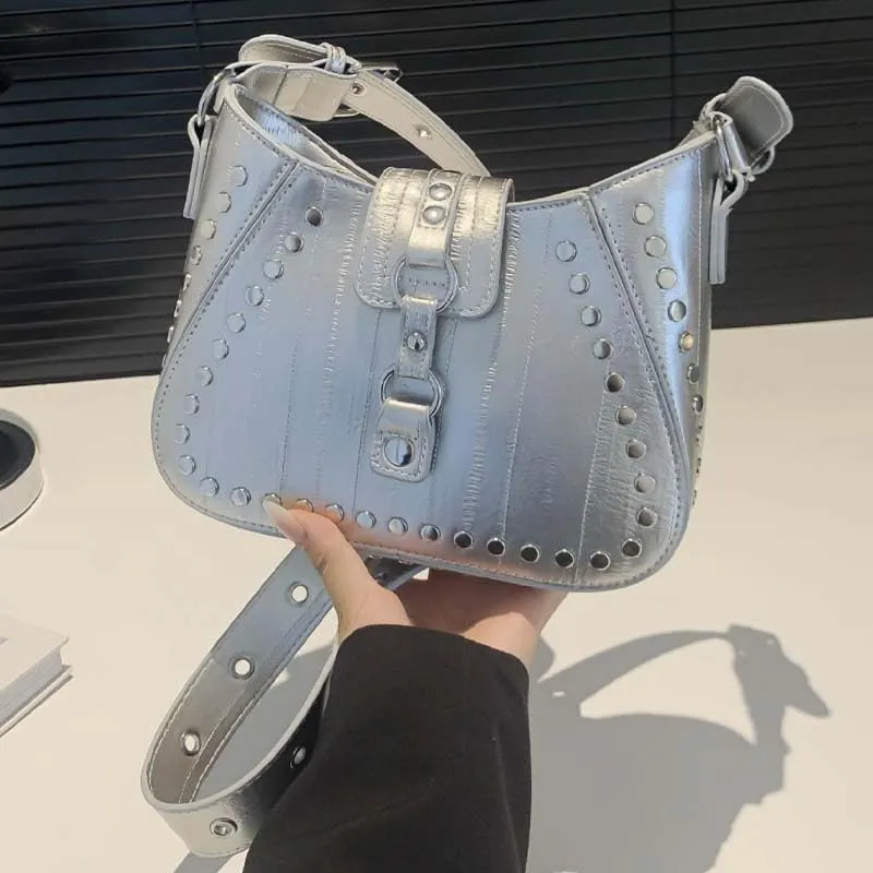 Molodo Trendy Rivet Shoulder Bag for Women PU Leather Studded Crossbody Bag Tote Handbag Punk Handbag Purse