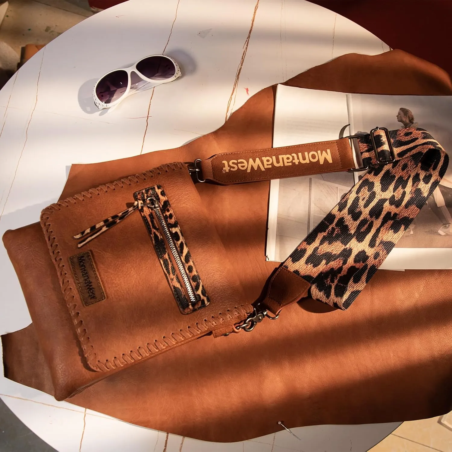Montana West Crossbody Bags for Women with Dual Compartments Western Cross Body Purse with Leopard Print Guitar Strap