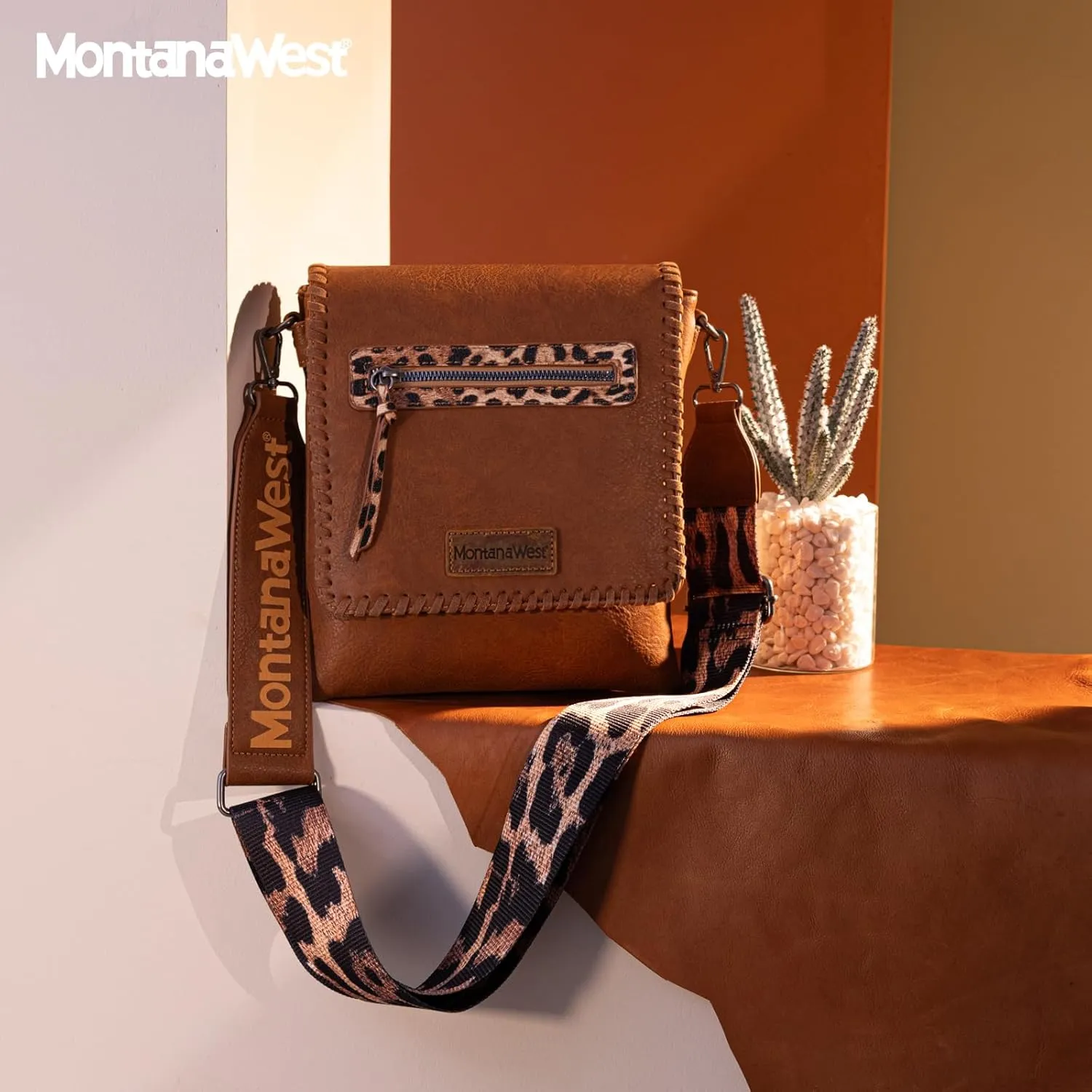 Montana West Crossbody Bags for Women with Dual Compartments Western Cross Body Purse with Leopard Print Guitar Strap