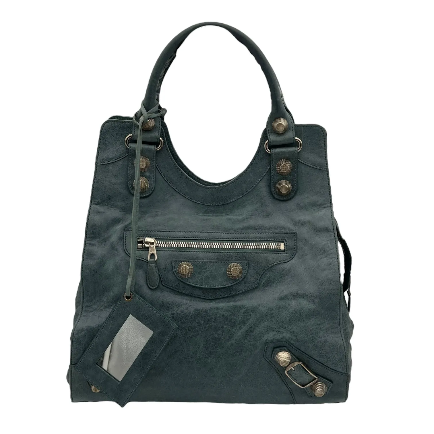 Motocross Giant City Blue Shoulder Bag in Distressed Leather, Silver hardware