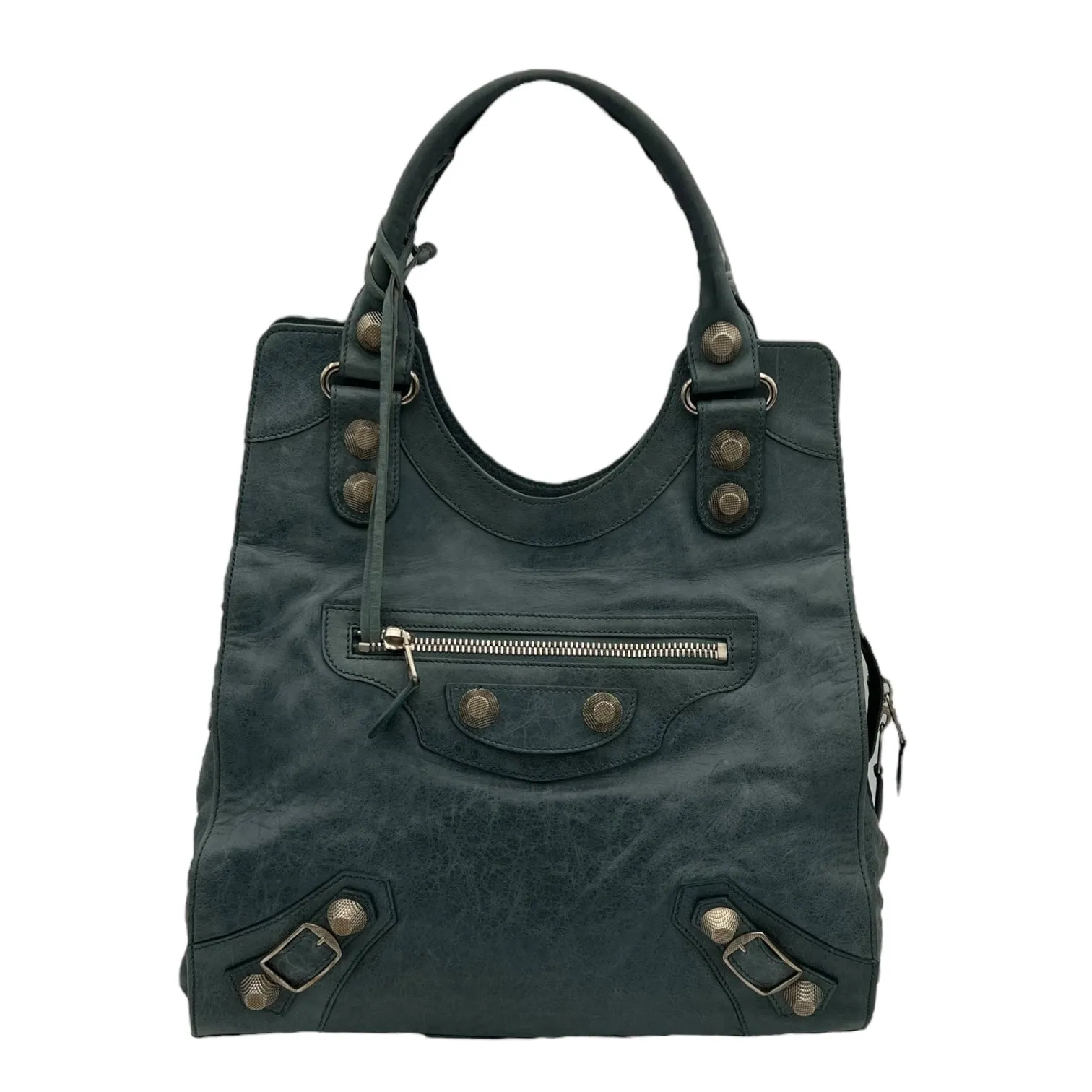 Motocross Giant City Blue Shoulder Bag in Distressed Leather, Silver hardware