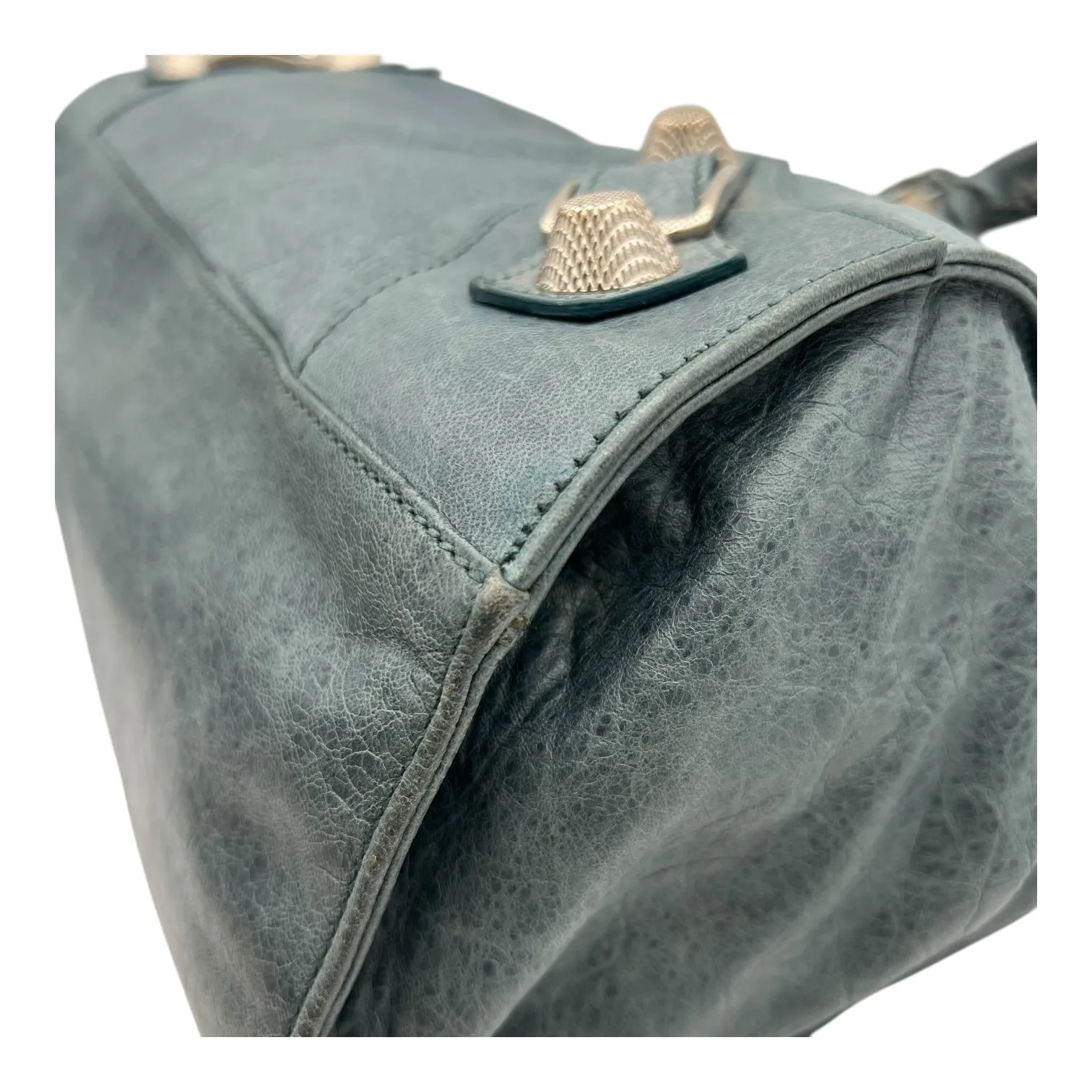 Motocross Giant City Blue Shoulder Bag in Distressed Leather, Silver hardware