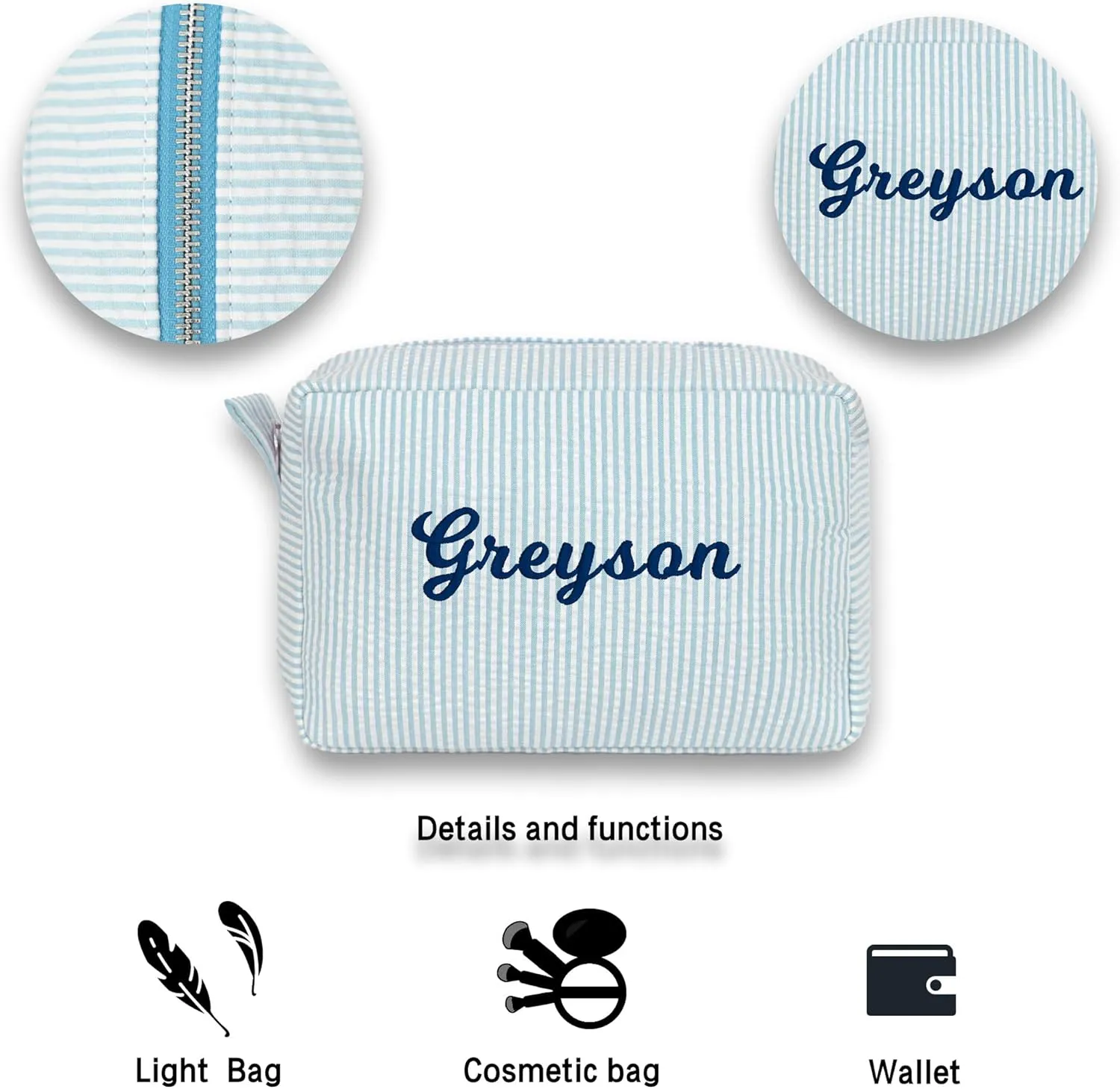 MT WORLD Personalized Cosmetic Bag Cute Makeup Bag for Women Girls Seersucker Bridesmaid Travel Makeup Bag Aesthetic Toiletry Bag Organizer Storage Pouch (Aqua)