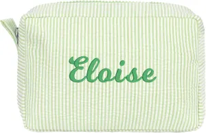 MT WORLD Personalized Makeup Bag Cute Cotton Cosmetic Bag for Women Seersucker Bridesmaid Travel Makeup Bag for Girls Aesthetic Toiletry Bag Organizer Storage Pouch (Green)