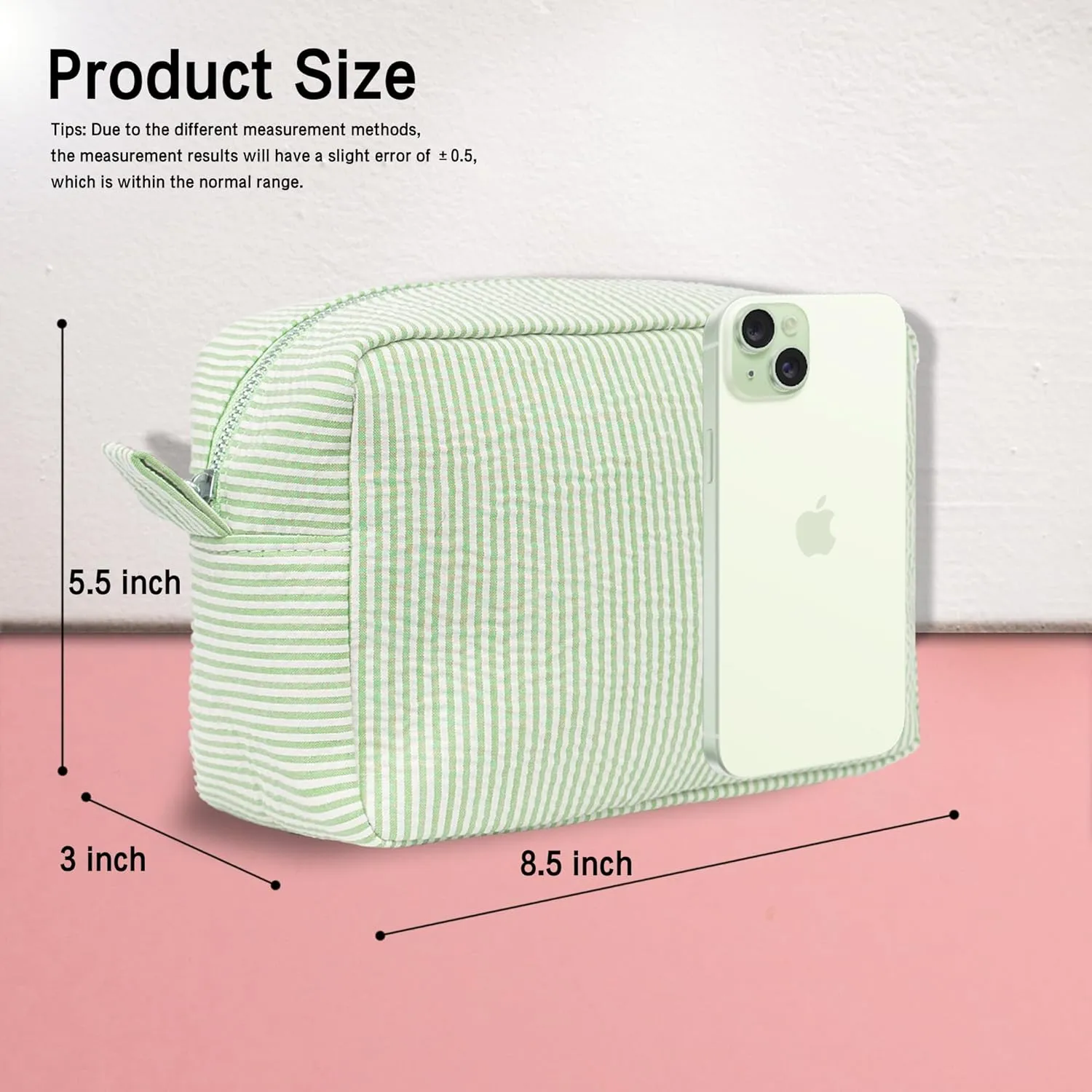 MT WORLD Personalized Makeup Bag Cute Cotton Cosmetic Bag for Women Seersucker Bridesmaid Travel Makeup Bag for Girls Aesthetic Toiletry Bag Organizer Storage Pouch (Green)