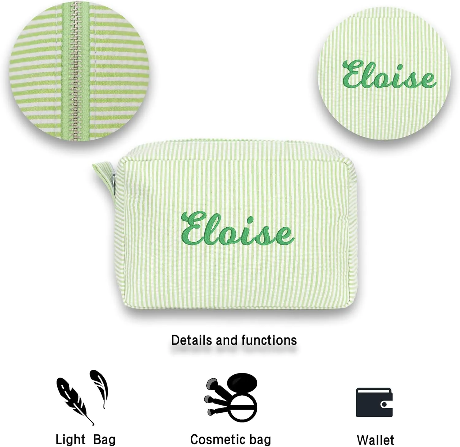 MT WORLD Personalized Makeup Bag Cute Cotton Cosmetic Bag for Women Seersucker Bridesmaid Travel Makeup Bag for Girls Aesthetic Toiletry Bag Organizer Storage Pouch (Green)