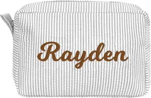 MT WORLD Personalized Makeup Bag Cute Cotton Cosmetic Bag for Women Seersucker Bridesmaid Travel Makeup Bag for Girls Aesthetic Toiletry Bag Organizer Storage Pouch (Grey)