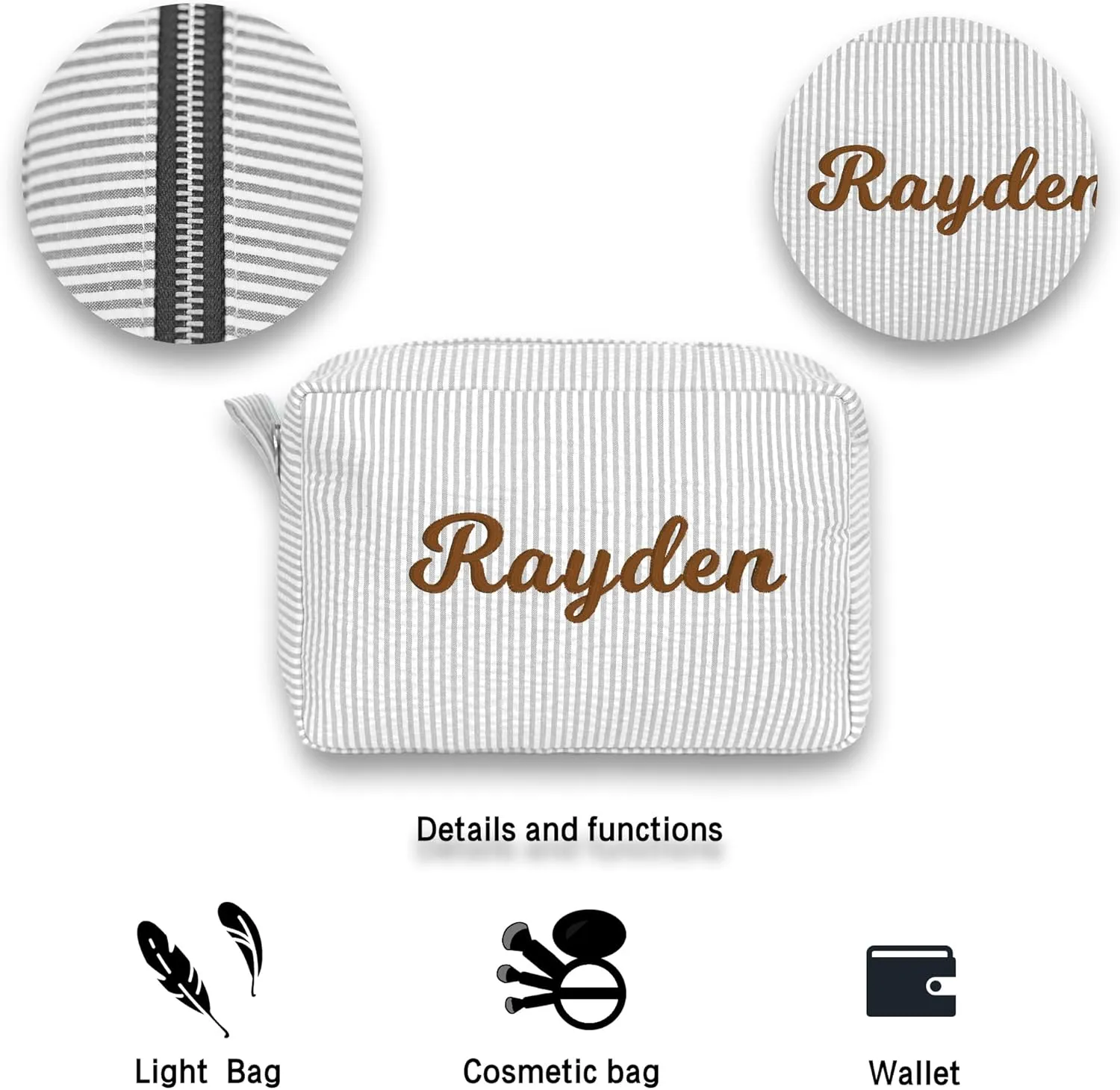 MT WORLD Personalized Makeup Bag Cute Cotton Cosmetic Bag for Women Seersucker Bridesmaid Travel Makeup Bag for Girls Aesthetic Toiletry Bag Organizer Storage Pouch (Grey)