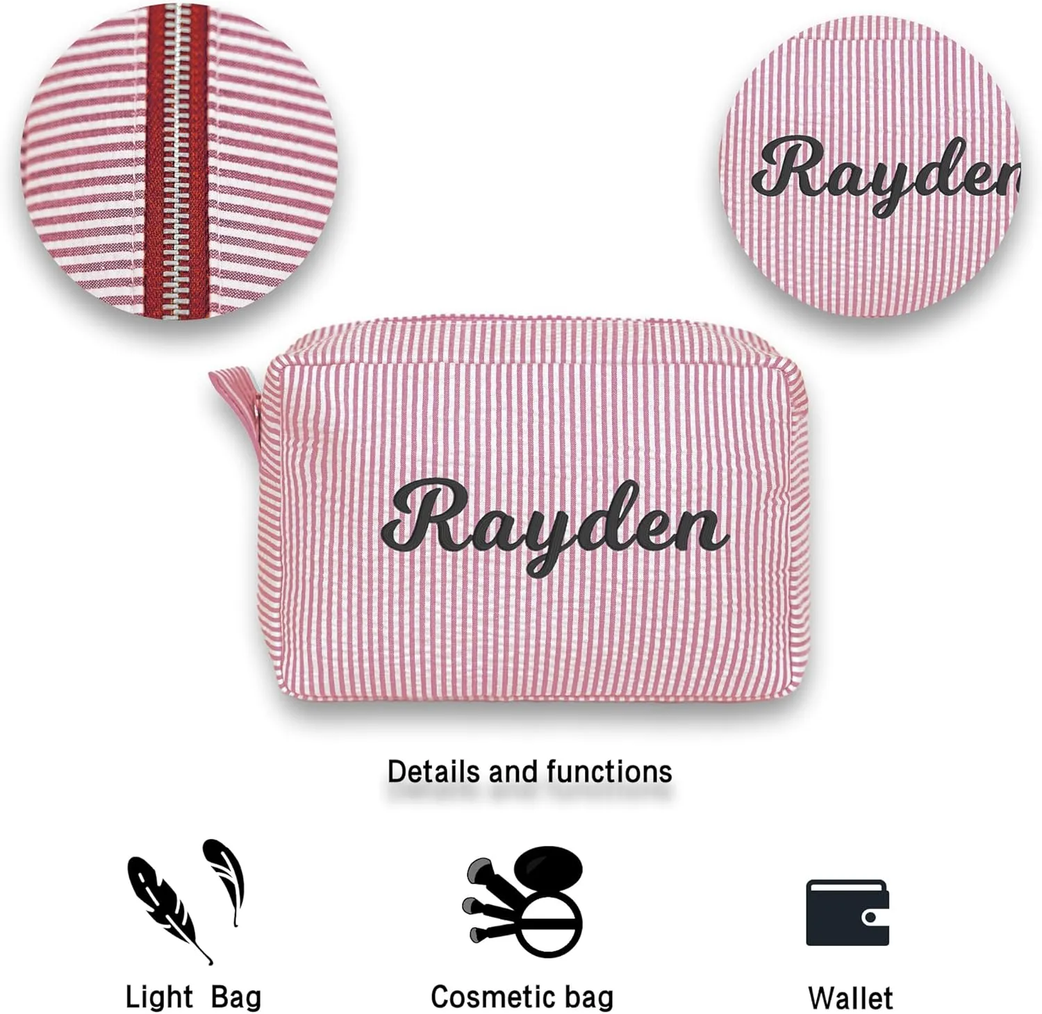 MT WORLD Personalized Makeup Bag Cute Cotton Cosmetic Bag for Women Seersucker Bridesmaid Travel Makeup Bag for Girls Aesthetic Toiletry Bag Organizer Storage Pouch (Red)