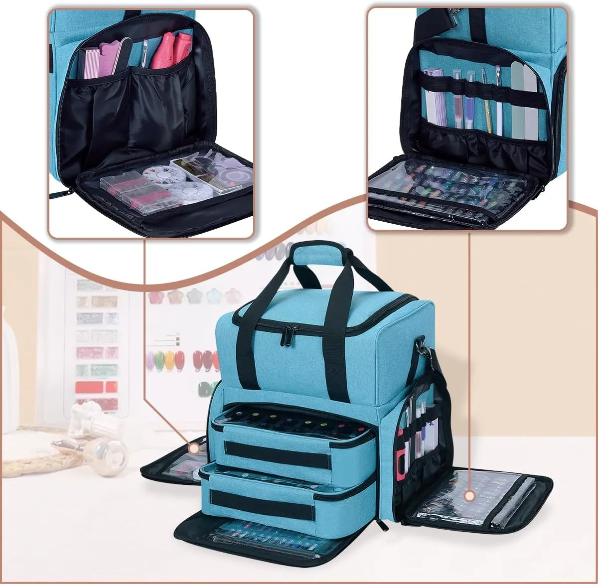 Nail Polish Organizer Holds 80 Bottles (15ml - 0.5 fl.oz) and a Nail Lamp,Nail Polish Case with 2 Removable Bags and Tools Storage Sections Lake Green