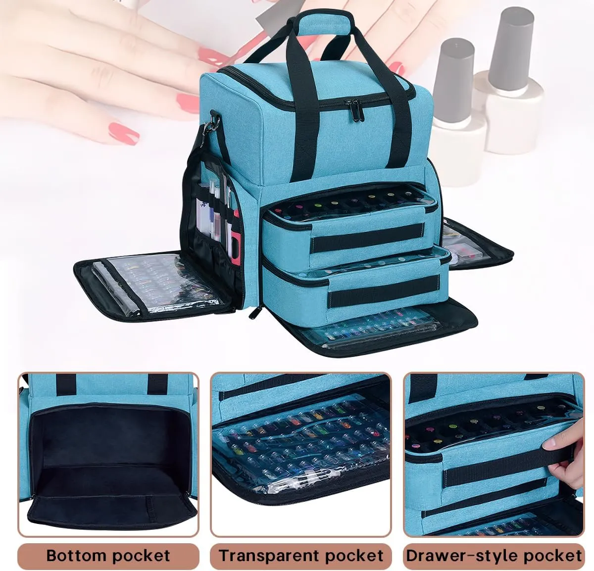 Nail Polish Organizer Holds 80 Bottles (15ml - 0.5 fl.oz) and a Nail Lamp,Nail Polish Case with 2 Removable Bags and Tools Storage Sections Lake Green