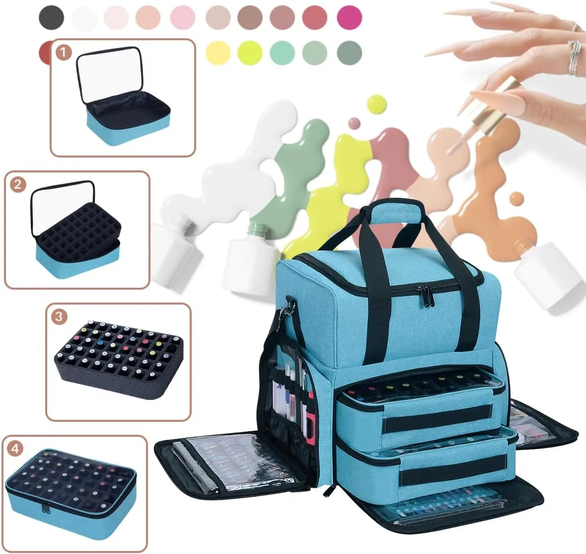 Nail Polish Organizer Holds 80 Bottles (15ml - 0.5 fl.oz) and a Nail Lamp,Nail Polish Case with 2 Removable Bags and Tools Storage Sections Lake Green