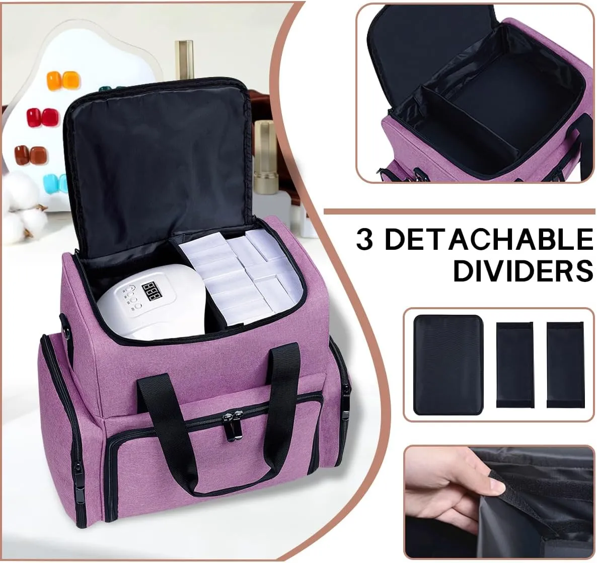 Nail Polish Organizer Holds 80 Bottles (15ml - 0.5 fl.oz) and a Nail Lamp,Nail Polish Case with 2 Removable Bags and Tools Storage Sections Purple