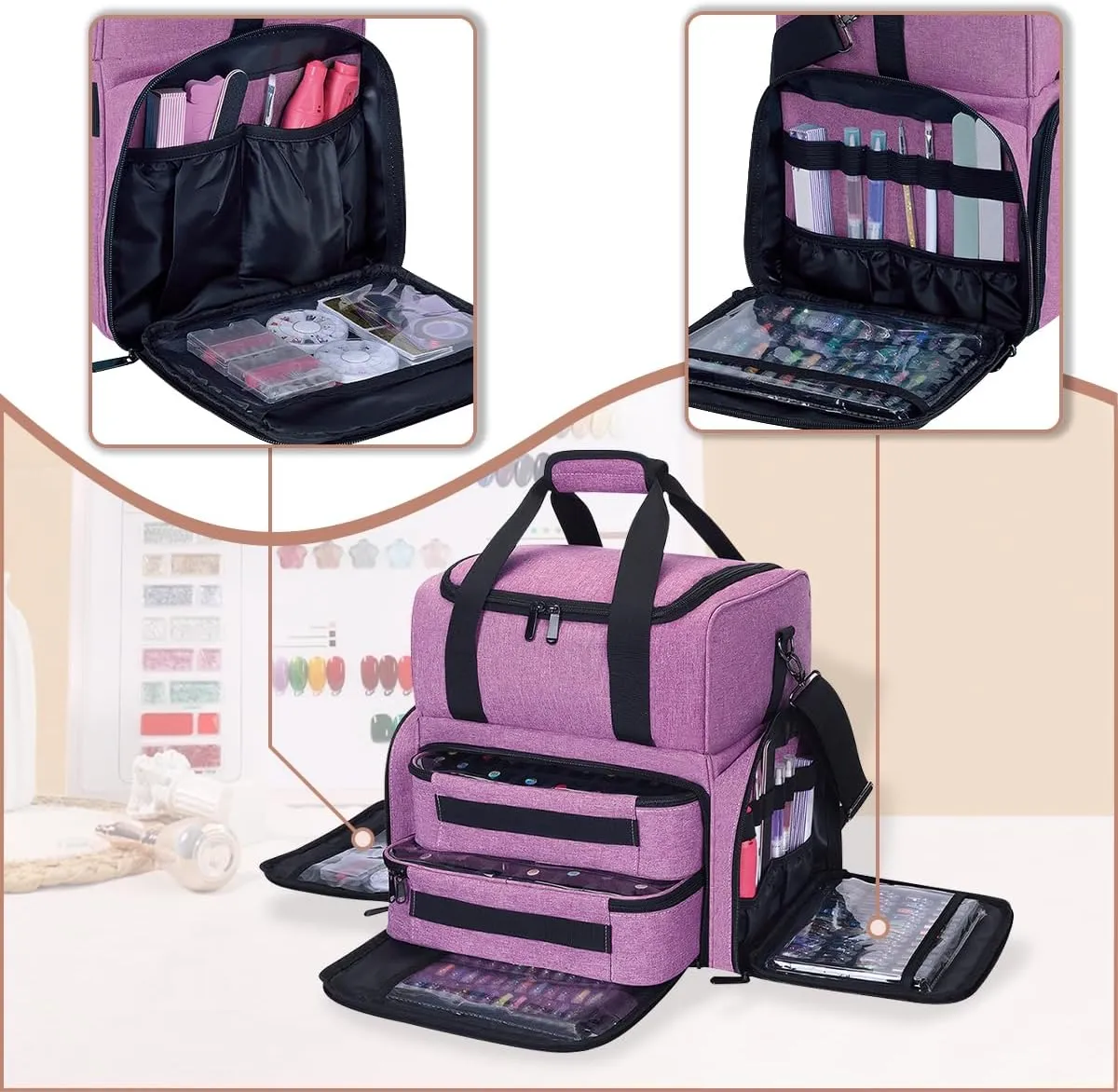 Nail Polish Organizer Holds 80 Bottles (15ml - 0.5 fl.oz) and a Nail Lamp,Nail Polish Case with 2 Removable Bags and Tools Storage Sections Purple