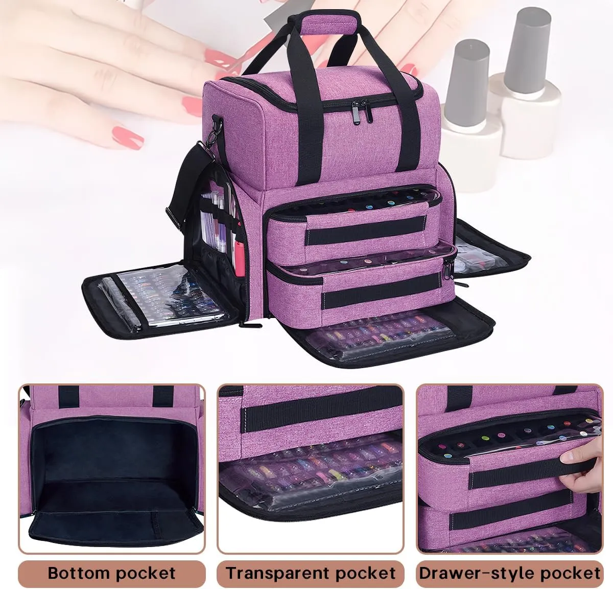 Nail Polish Organizer Holds 80 Bottles (15ml - 0.5 fl.oz) and a Nail Lamp,Nail Polish Case with 2 Removable Bags and Tools Storage Sections Purple