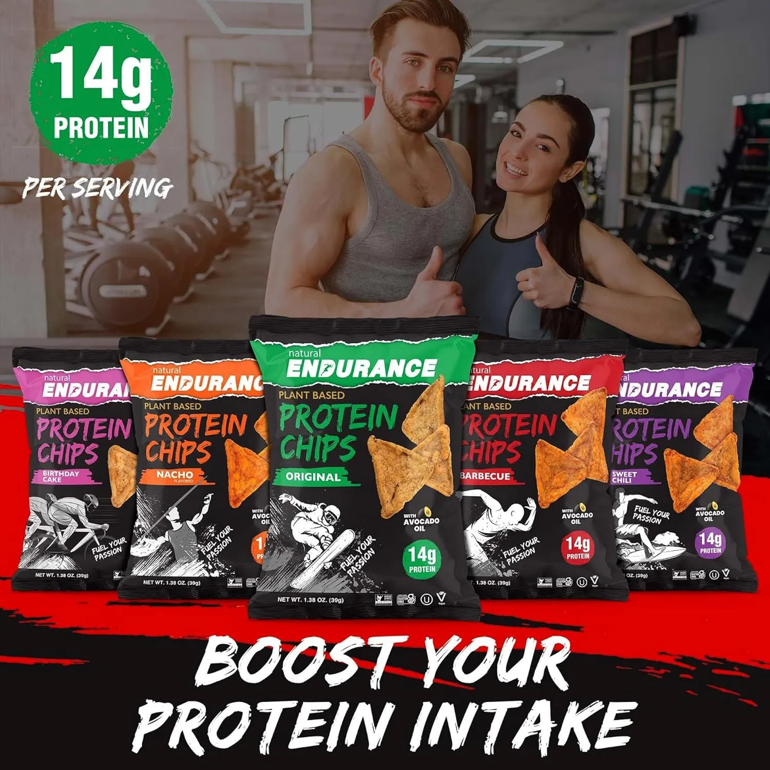 Natural Endurance Protein Chips - Low Carb Chips, High Protein Snack, Vegan Protein with Avocado Oil, 14g Protein Per Bag, Gluten Free, Nacho, BBQ, Chili, Birthday Cake, Original - Variety Pack, 1.38 oz Bags (Pack of 12)