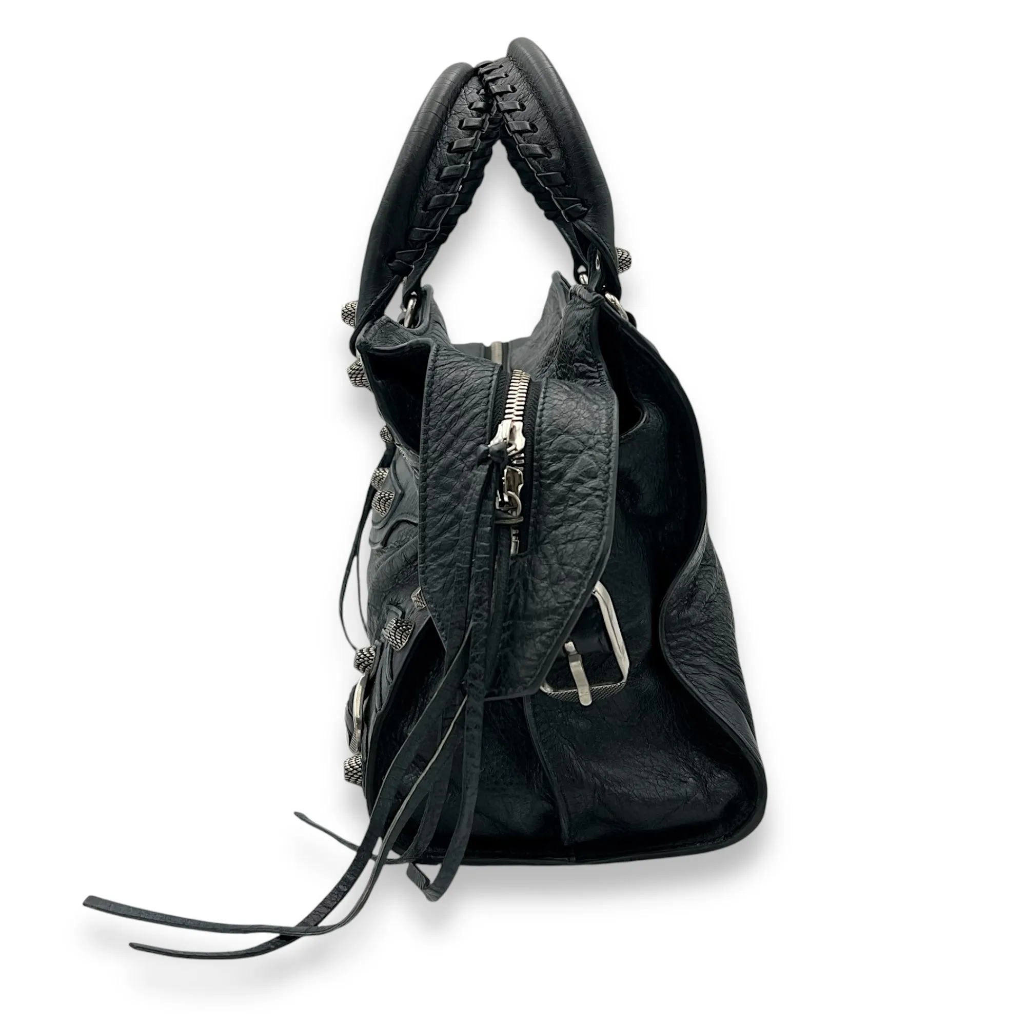 Neo Classic Top Handle Bag Black in Distressed Leather, Silver hardware