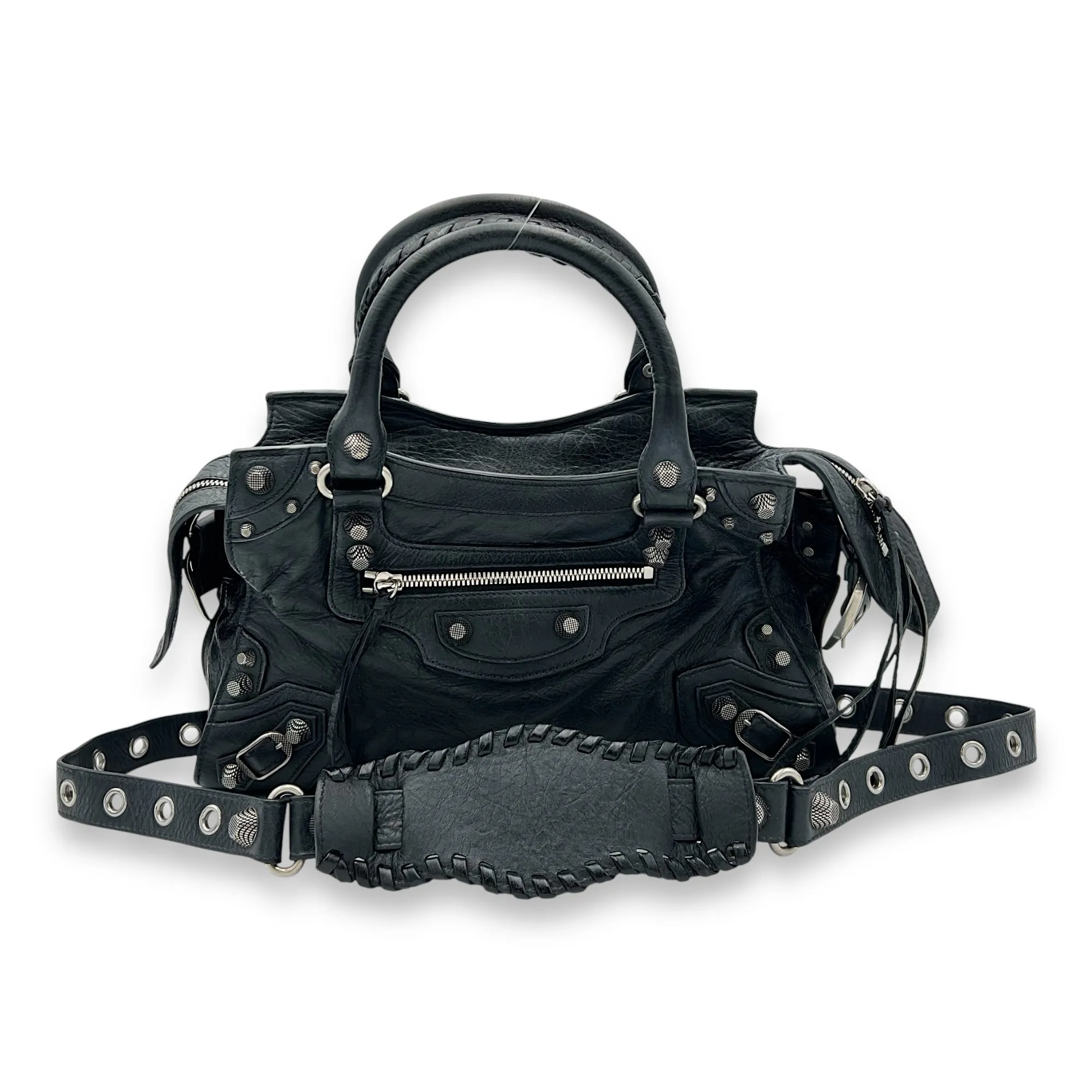 Neo Classic Top Handle Bag Black in Distressed Leather, Silver hardware