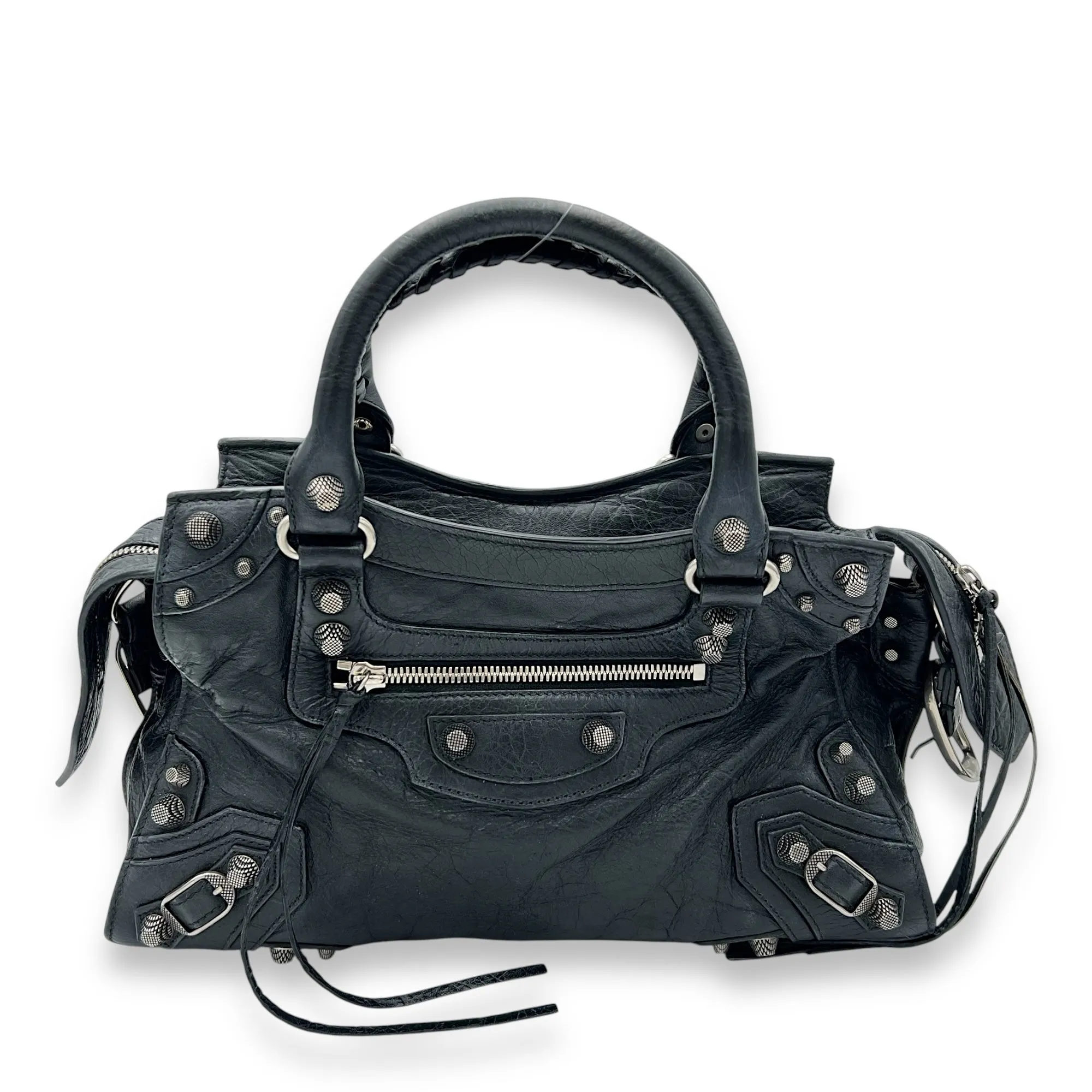 Neo Classic Top Handle Bag Black in Distressed Leather, Silver hardware