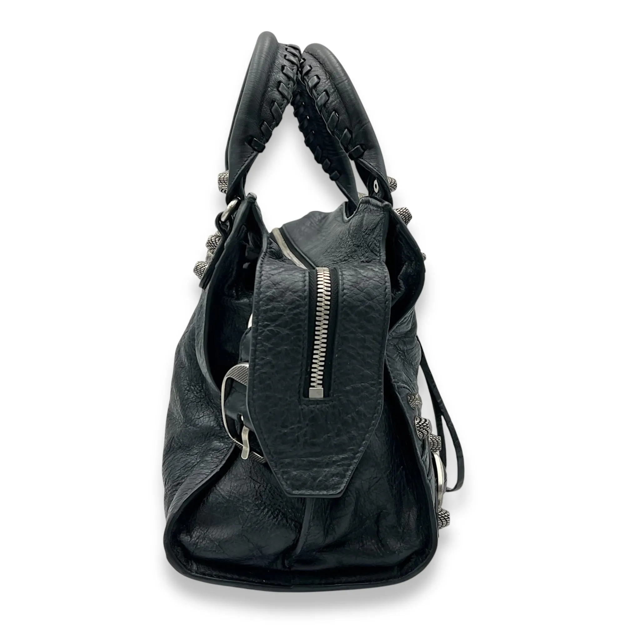 Neo Classic Top Handle Bag Black in Distressed Leather, Silver hardware