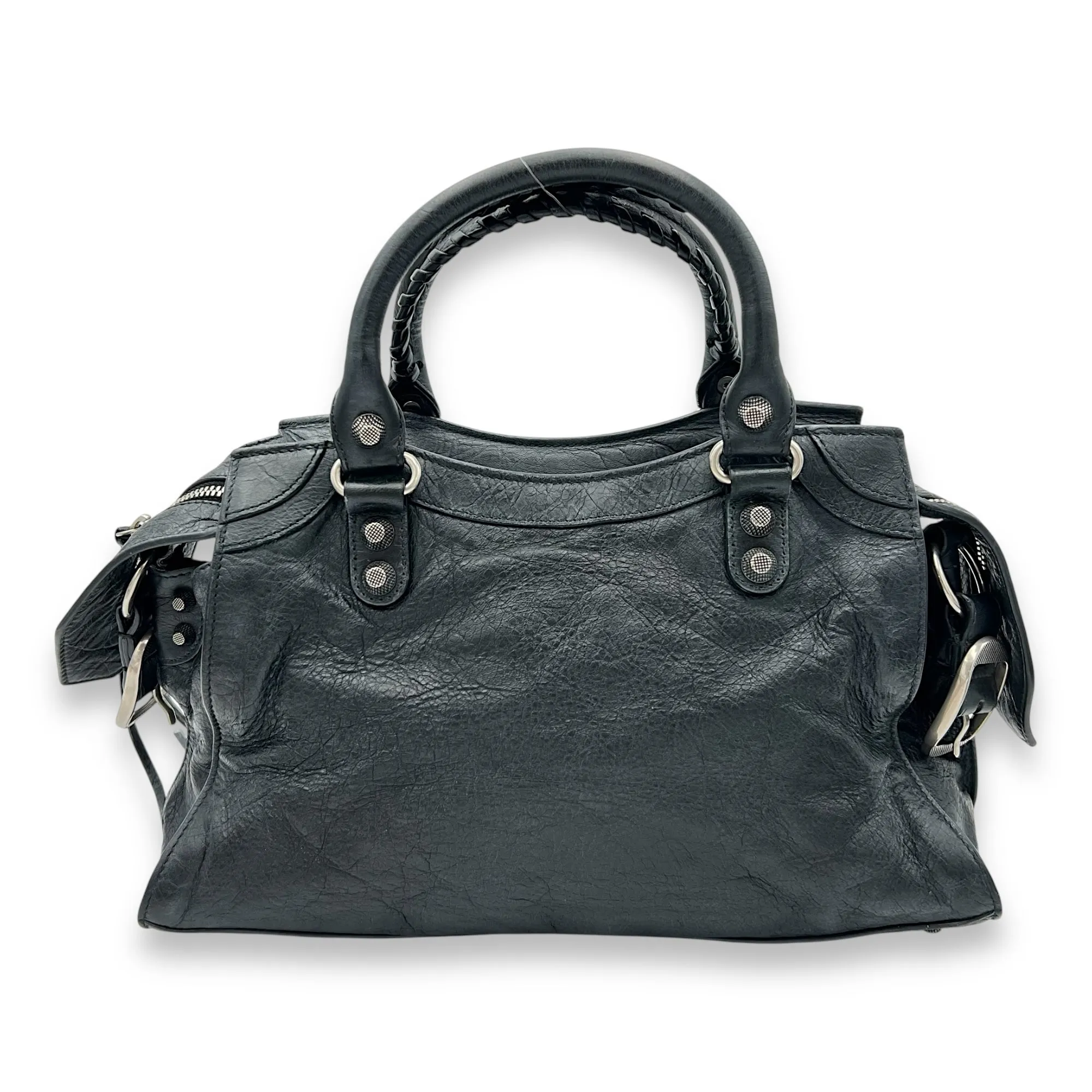 Neo Classic Top Handle Bag Black in Distressed Leather, Silver hardware