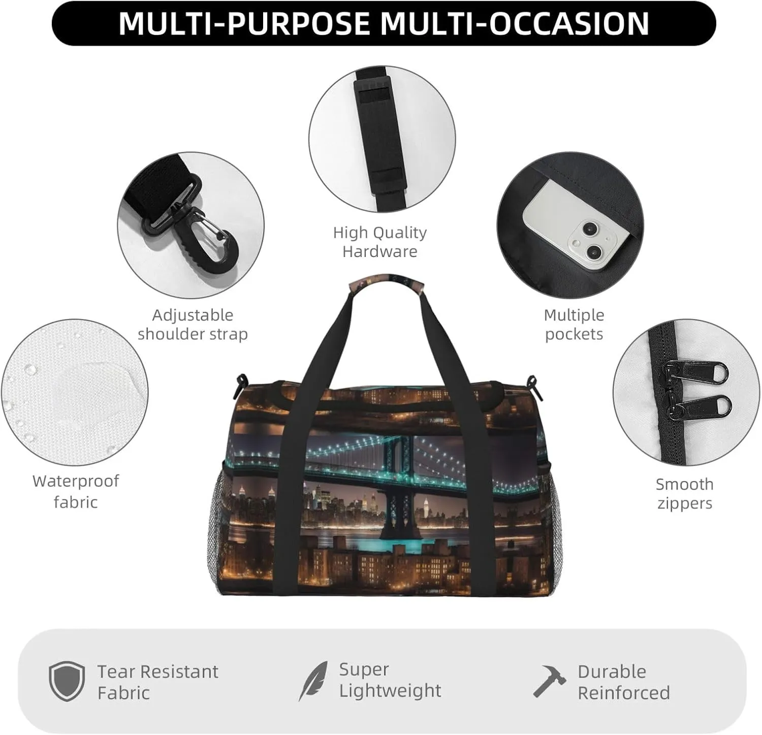 New York Manhattan Bridge Night Travel Bag, Weekender Bags For Women Men For Outdoor Adventures, Ideal For Camping And Hiking