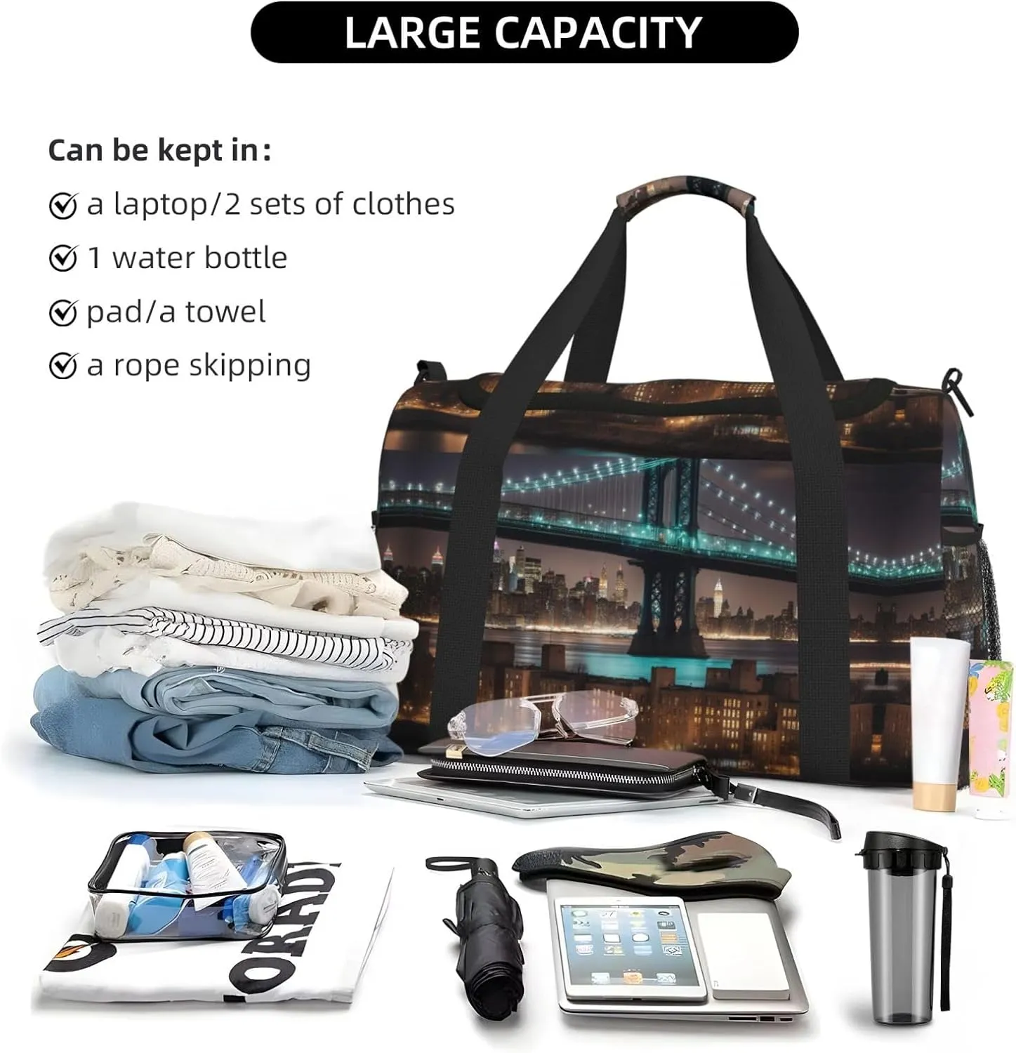 New York Manhattan Bridge Night Travel Bag, Weekender Bags For Women Men For Outdoor Adventures, Ideal For Camping And Hiking
