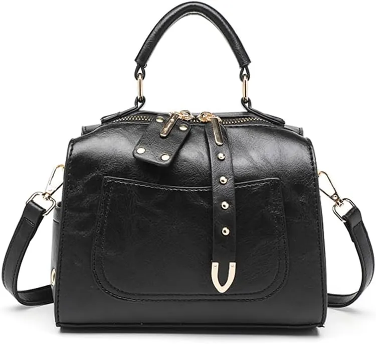 Newchic Small Boston Bag PU Leather Crossbody Bags for Women Gothic Rivet Top Handle Satchel Handbag and Purse