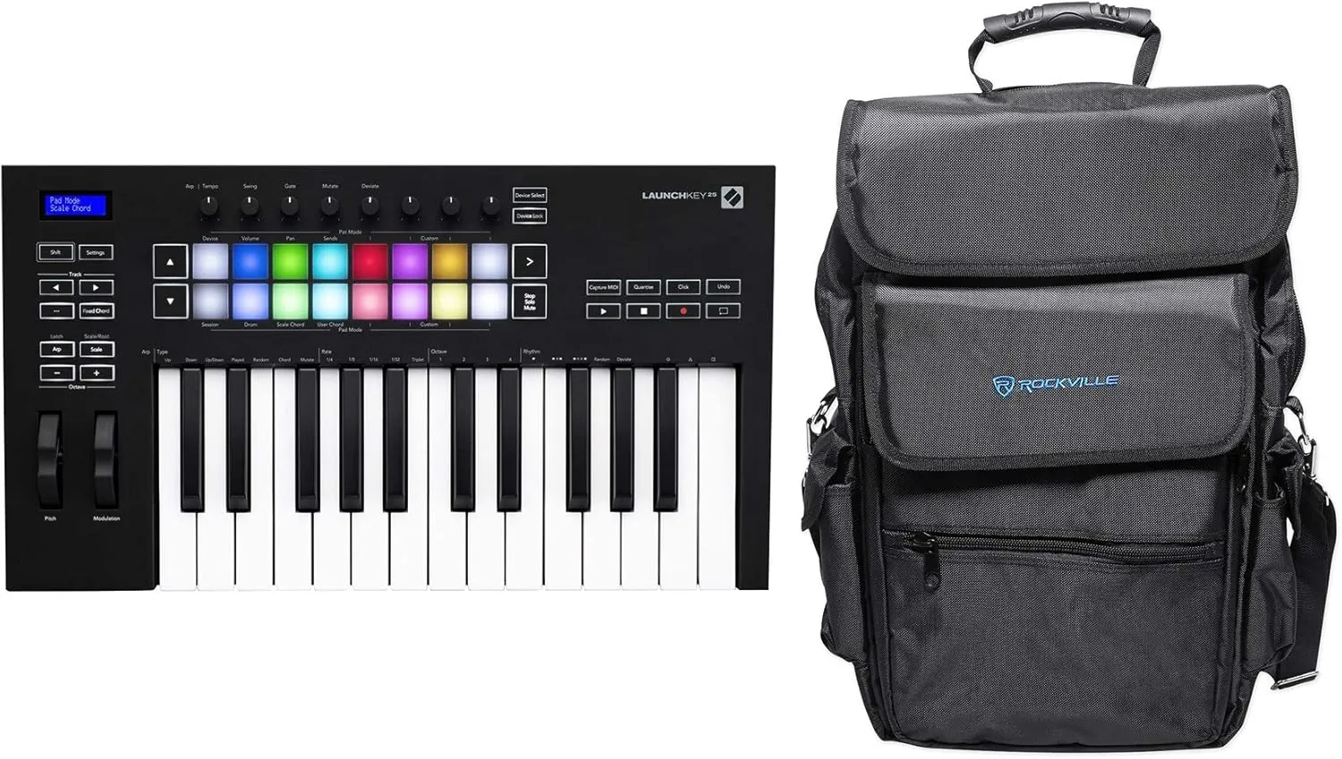 Novation Launchkey 25 MK3 25-Key USB MIDI Ableton Live Keyboard Controller Bundle with Rockville 25-Key Case Soft Carry Bag Backpack For Impulse w/Launchkey 25 Keyboards