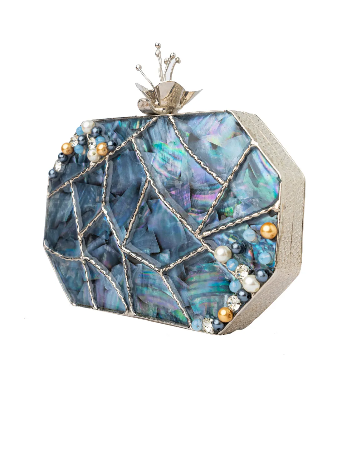 NR By Nidhi Rathi Blue White Embellished Box Clutch