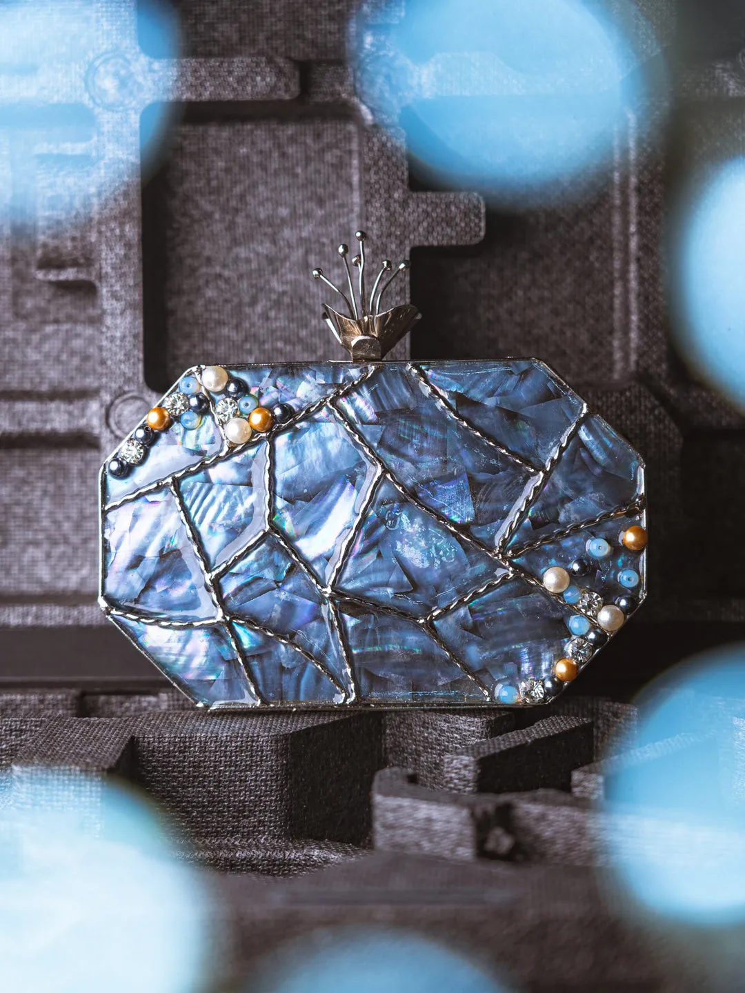 NR By Nidhi Rathi Blue White Embellished Box Clutch