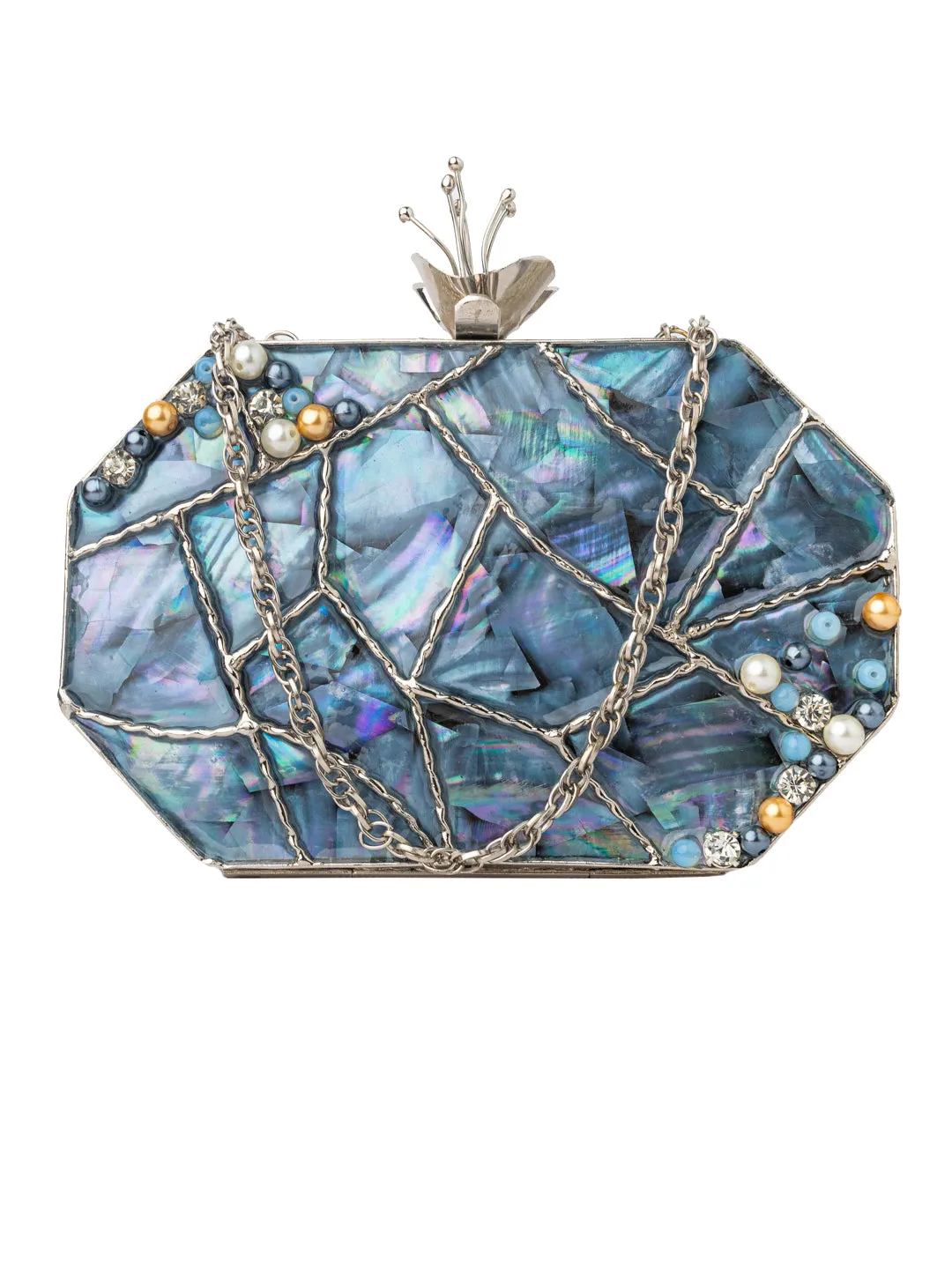 NR By Nidhi Rathi Blue White Embellished Box Clutch