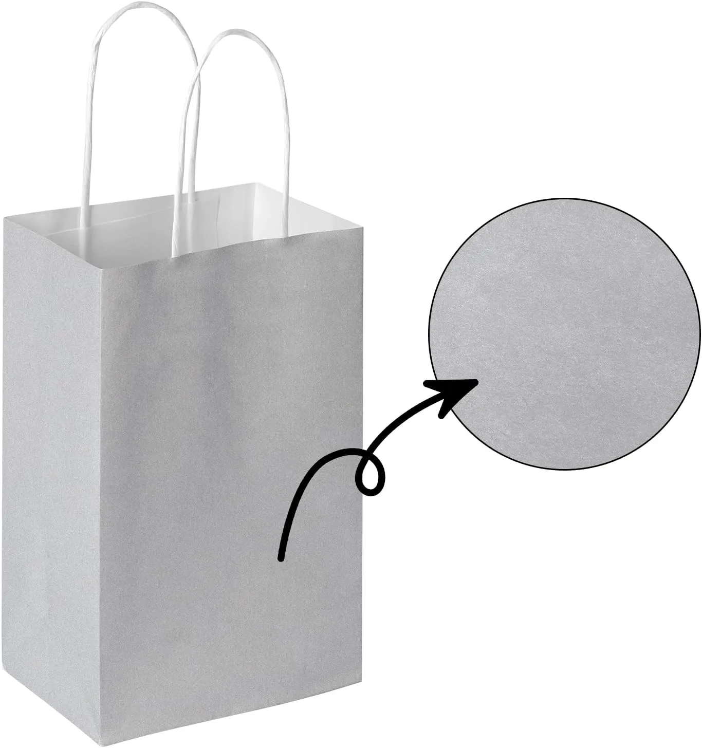 Oikss 100 Pack 5.25x3.25x8.25 Inch Small Gray Kraft Paper Bags with Handles Bulk for Birthday Wedding Party Favors Grocery Retail Shopping Business Goody Craft Gift Bags Sacks (Silver Grey 100 Count)