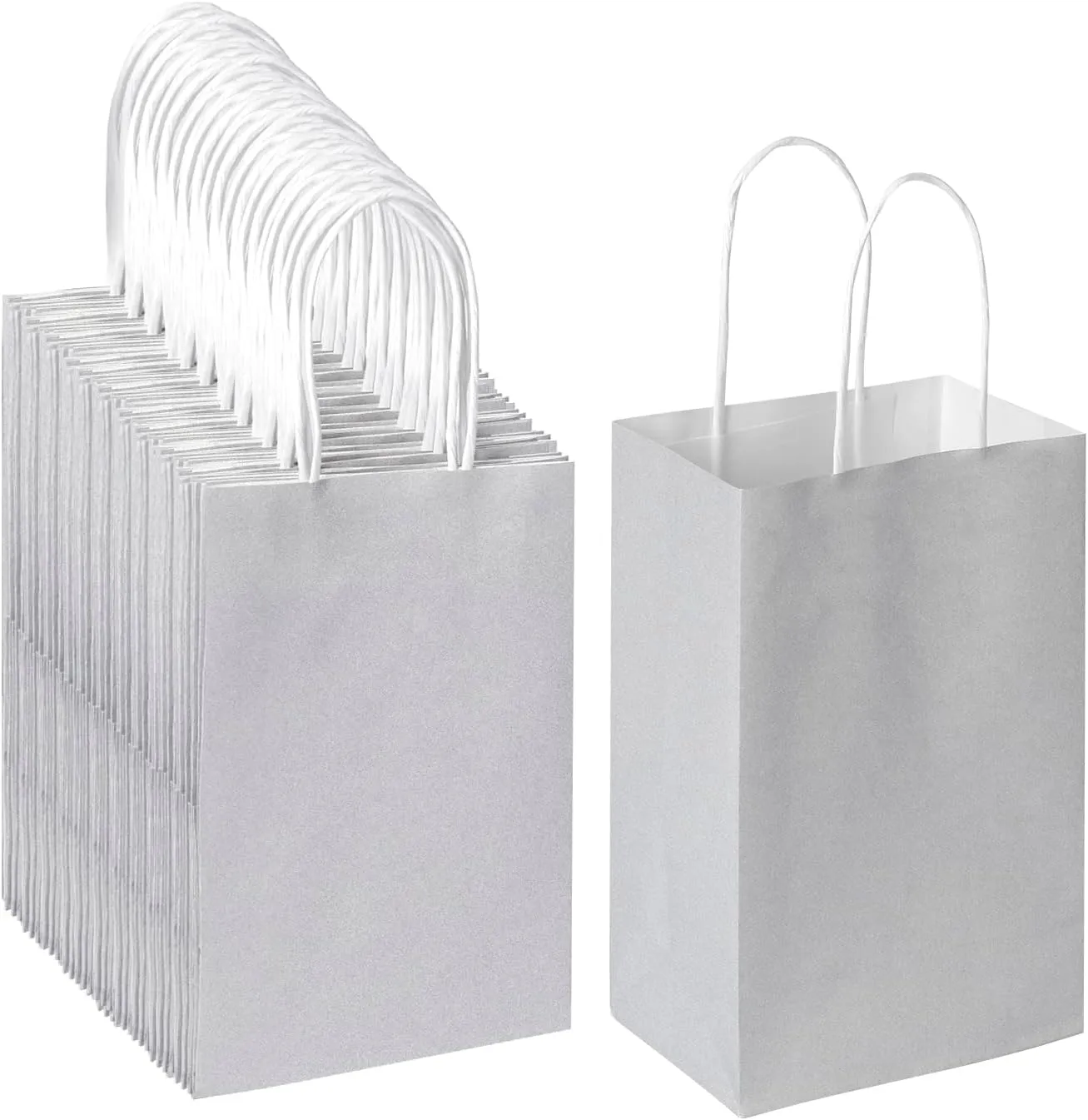 Oikss 100 Pack 5.25x3.25x8.25 Inch Small Gray Kraft Paper Bags with Handles Bulk for Birthday Wedding Party Favors Grocery Retail Shopping Business Goody Craft Gift Bags Sacks (Silver Grey 100 Count)