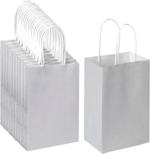 Oikss 100 Pack 5.25x3.25x8.25 Inch Small Gray Kraft Paper Bags with Handles Bulk for Birthday Wedding Party Favors Grocery Retail Shopping Business Goody Craft Gift Bags Sacks (Silver Grey 100 Count)