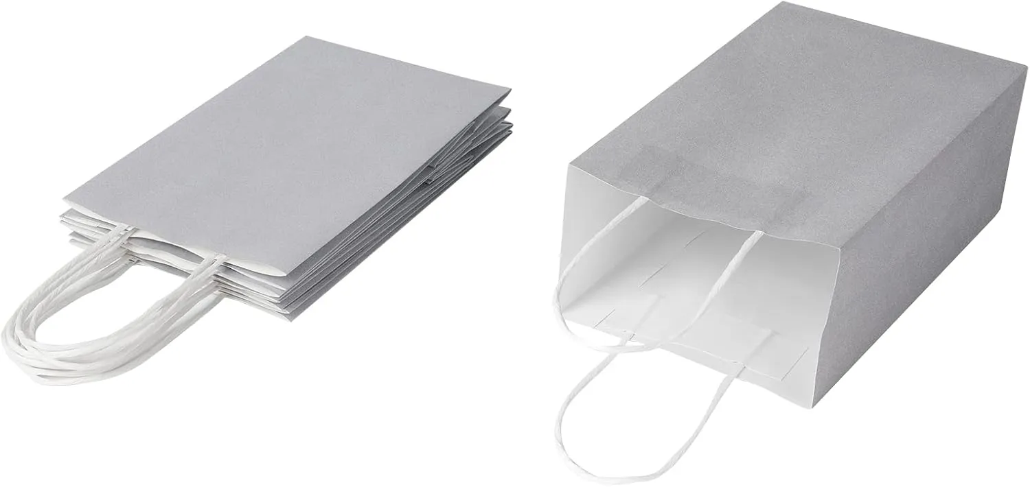 Oikss 100 Pack 5.25x3.25x8.25 Inch Small Gray Kraft Paper Bags with Handles Bulk for Birthday Wedding Party Favors Grocery Retail Shopping Business Goody Craft Gift Bags Sacks (Silver Grey 100 Count)