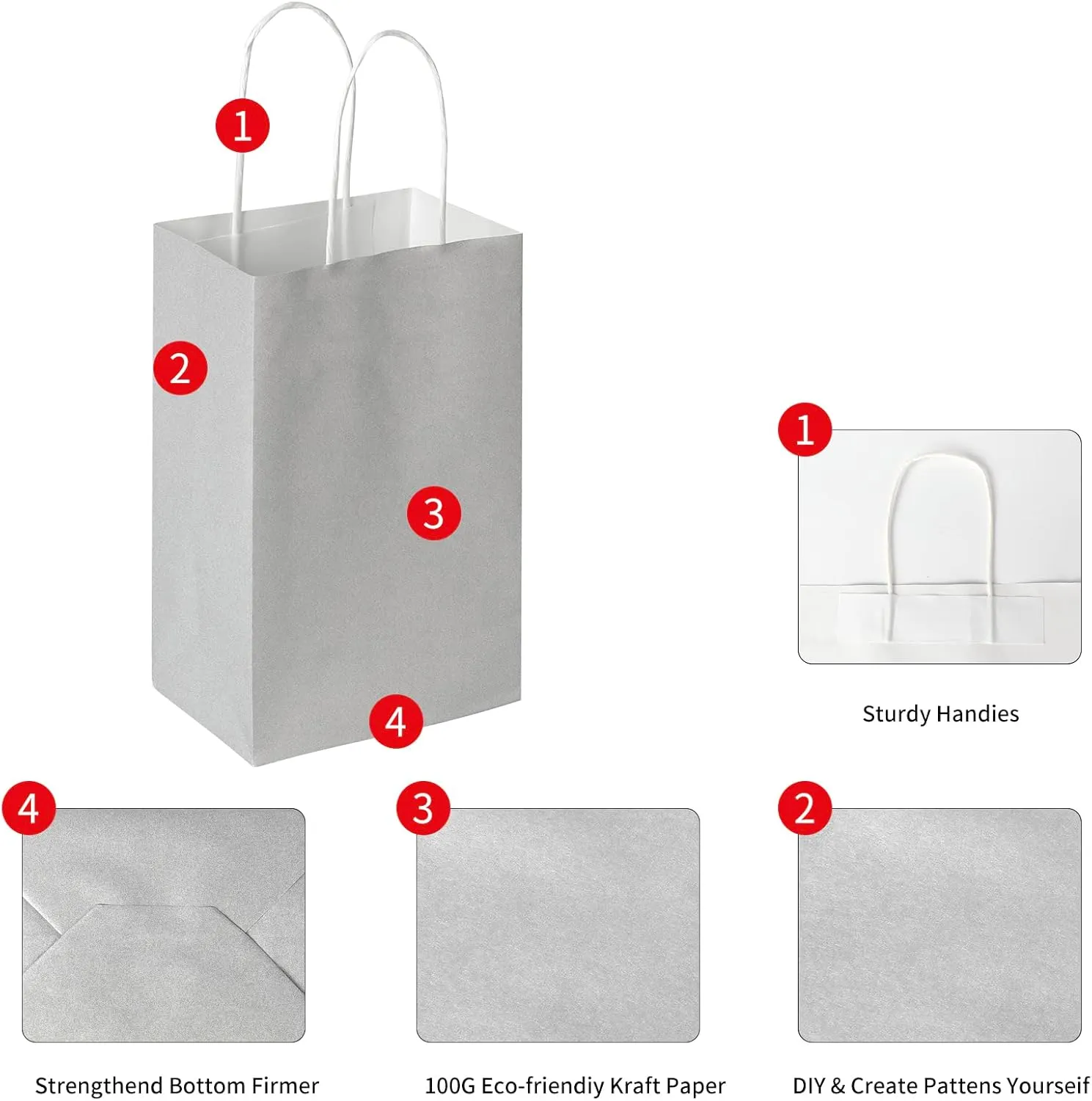 Oikss 100 Pack 5.25x3.25x8.25 Inch Small Gray Kraft Paper Bags with Handles Bulk for Birthday Wedding Party Favors Grocery Retail Shopping Business Goody Craft Gift Bags Sacks (Silver Grey 100 Count)