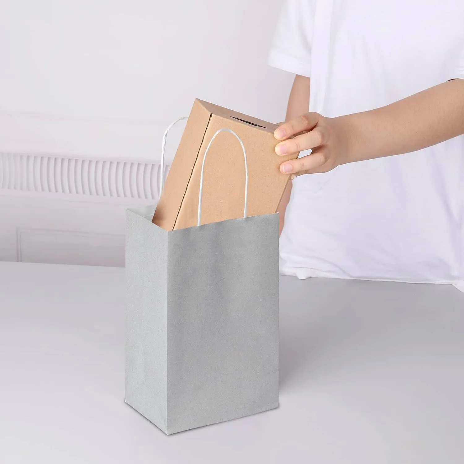 Oikss 100 Pack 5.25x3.25x8.25 Inch Small Gray Kraft Paper Bags with Handles Bulk for Birthday Wedding Party Favors Grocery Retail Shopping Business Goody Craft Gift Bags Sacks (Silver Grey 100 Count)