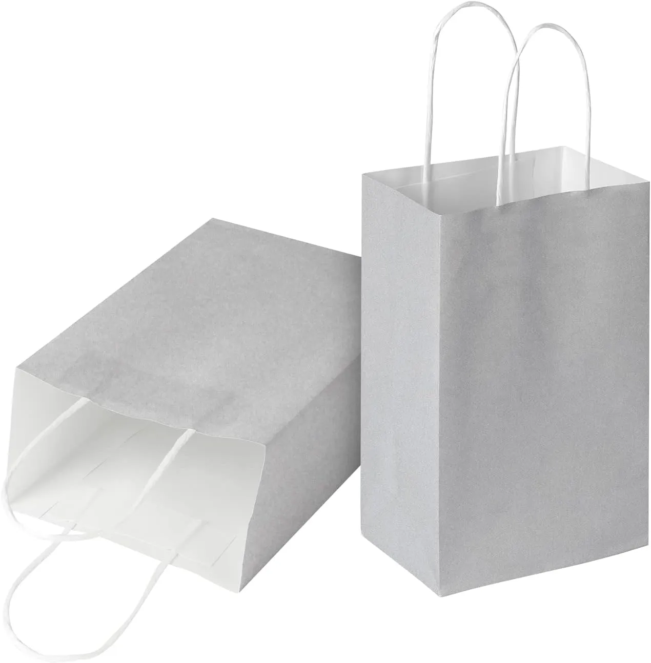 Oikss 100 Pack 5.25x3.25x8.25 Inch Small Gray Kraft Paper Bags with Handles Bulk for Birthday Wedding Party Favors Grocery Retail Shopping Business Goody Craft Gift Bags Sacks (Silver Grey 100 Count)