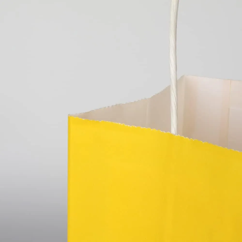 Oikss 100 Pack 8x4.75x10 Inch Medium Yellow Kraft Paper Bags with Handles Bulk for Birthday Wedding Party Favors Grocery Retail Shopping Business Takeout Goody Craft Gift Bags Sacks, (100pcs Count)