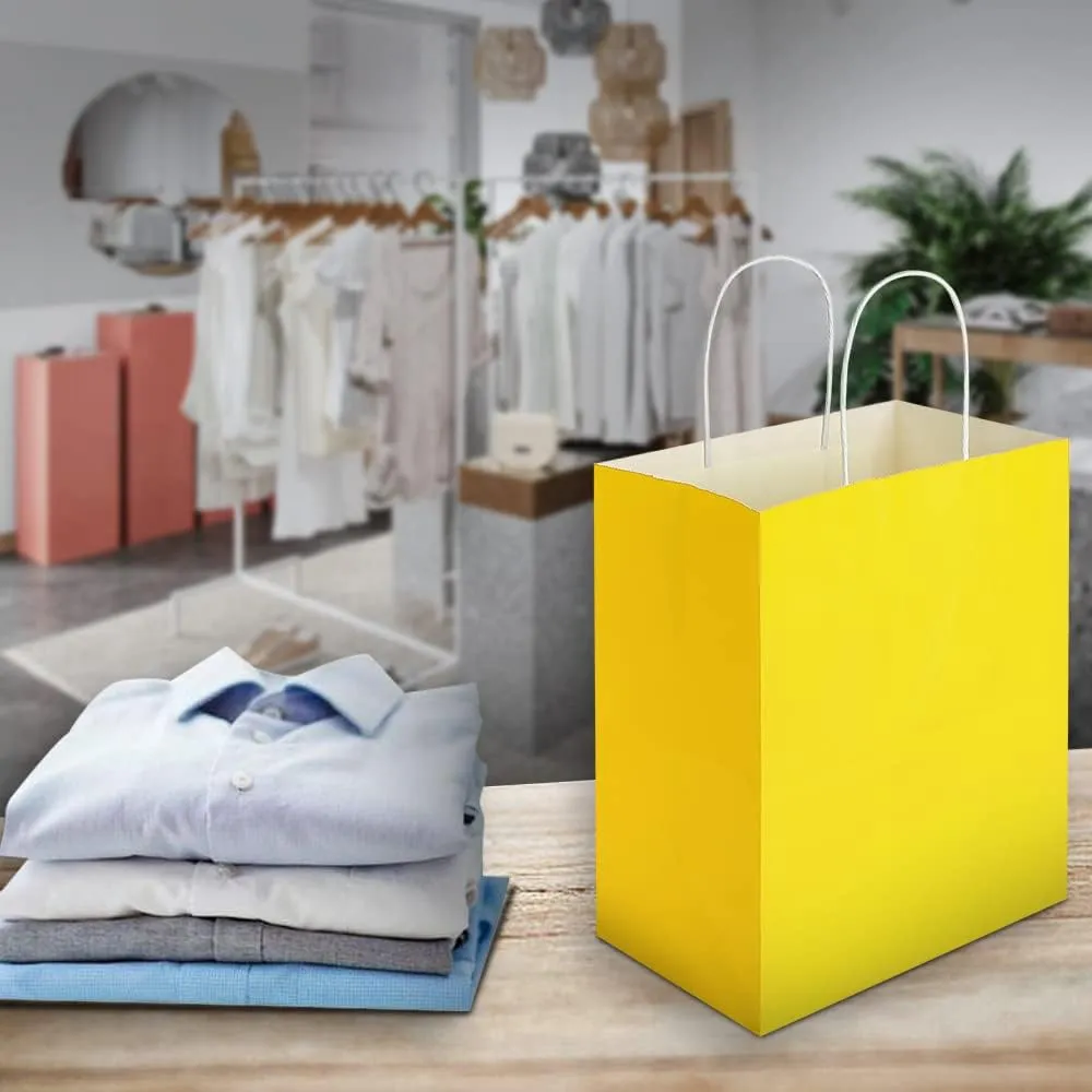 Oikss 100 Pack 8x4.75x10 Inch Medium Yellow Kraft Paper Bags with Handles Bulk for Birthday Wedding Party Favors Grocery Retail Shopping Business Takeout Goody Craft Gift Bags Sacks, (100pcs Count)