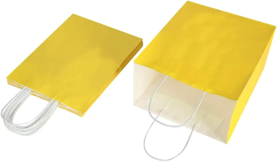 Oikss 100 Pack 8x4.75x10 Inch Medium Yellow Kraft Paper Bags with Handles Bulk for Birthday Wedding Party Favors Grocery Retail Shopping Business Takeout Goody Craft Gift Bags Sacks, (100pcs Count)