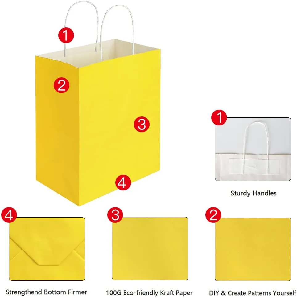 Oikss 100 Pack 8x4.75x10 Inch Medium Yellow Kraft Paper Bags with Handles Bulk for Birthday Wedding Party Favors Grocery Retail Shopping Business Takeout Goody Craft Gift Bags Sacks, (100pcs Count)