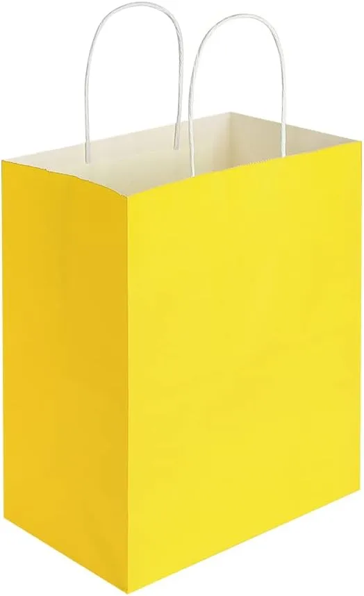 Oikss 100 Pack 8x4.75x10 Inch Medium Yellow Kraft Paper Bags with Handles Bulk for Birthday Wedding Party Favors Grocery Retail Shopping Business Takeout Goody Craft Gift Bags Sacks, (100pcs Count)