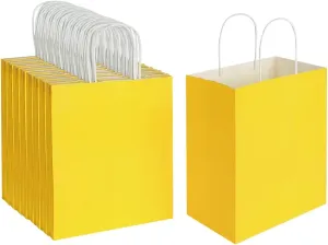 Oikss 100 Pack 8x4.75x10 Inch Medium Yellow Kraft Paper Bags with Handles Bulk for Birthday Wedding Party Favors Grocery Retail Shopping Business Takeout Goody Craft Gift Bags Sacks, (100pcs Count)