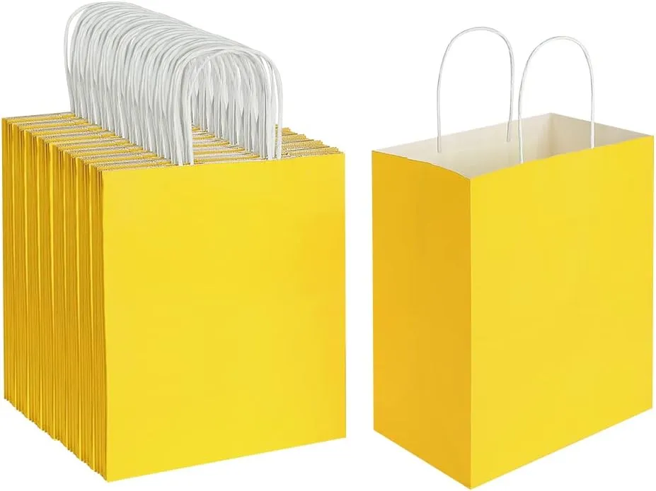 Oikss 100 Pack 8x4.75x10 Inch Medium Yellow Kraft Paper Bags with Handles Bulk for Birthday Wedding Party Favors Grocery Retail Shopping Business Takeout Goody Craft Gift Bags Sacks, (100pcs Count)